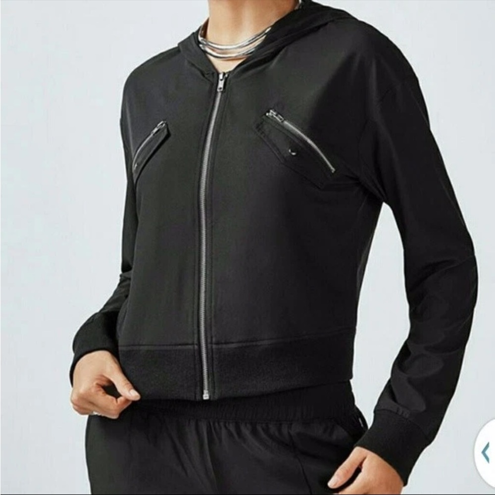 Women’s Black Cropped Bomber Jacket Large Zip Up Lightweight Fabletics